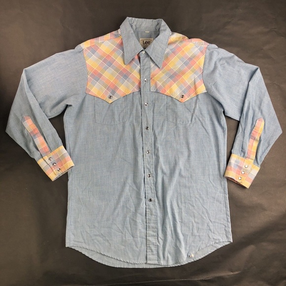 Vintage 70s 80s Lee Western Made in USA Chambray Pearl Snap VTG Shirt Size Large - Picture 10 of 10